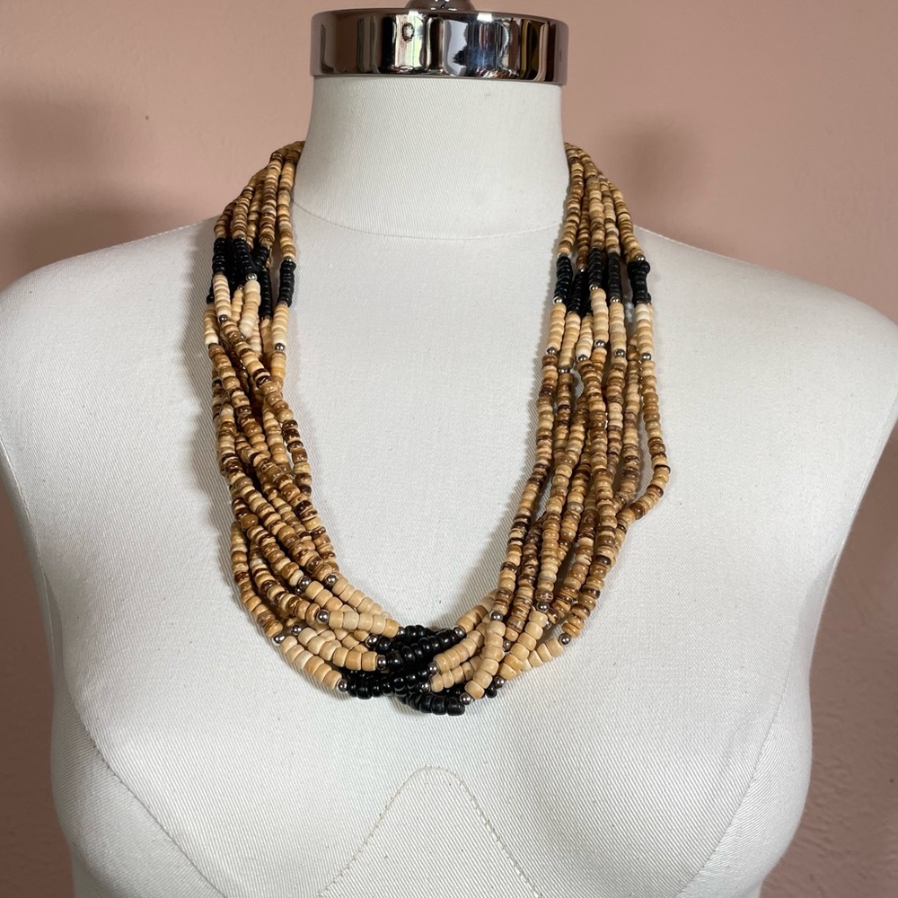Vintage Real Wood Boho Natural Southwestern Summer Festival Statement Necklace - Picture 9 of 9